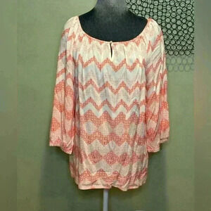 Grand & Green - Long sleeved orange and white cotton blouse - Size Medium